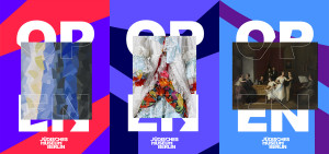 Plakatkampagne der Eröffnung als Triptychon mit Bild im Passepartout und JMB Schrift